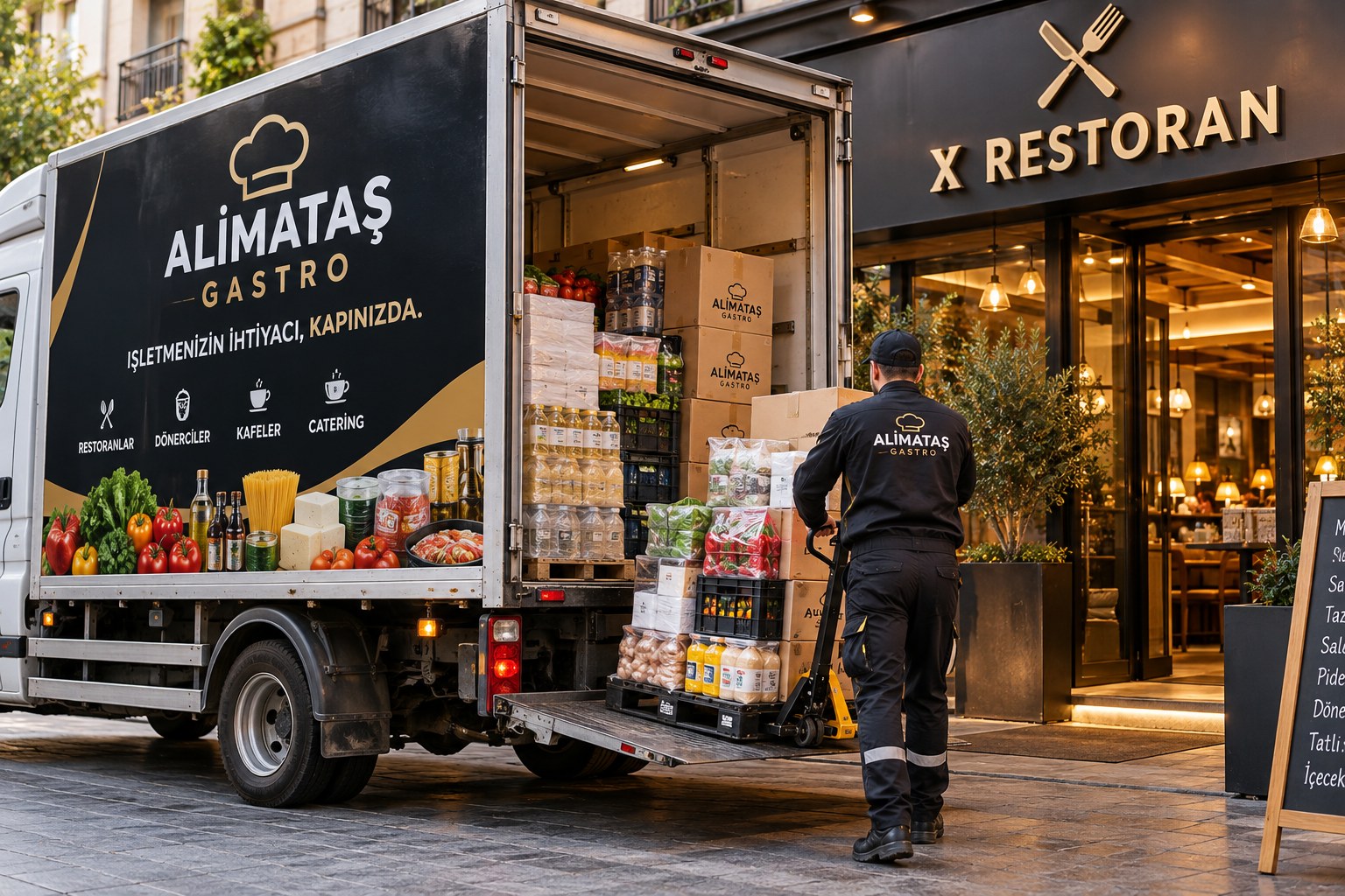 Ein Lieferfahrzeug von Alimataş Gastro vor einem Restaurant bei der Anlieferung von Waren